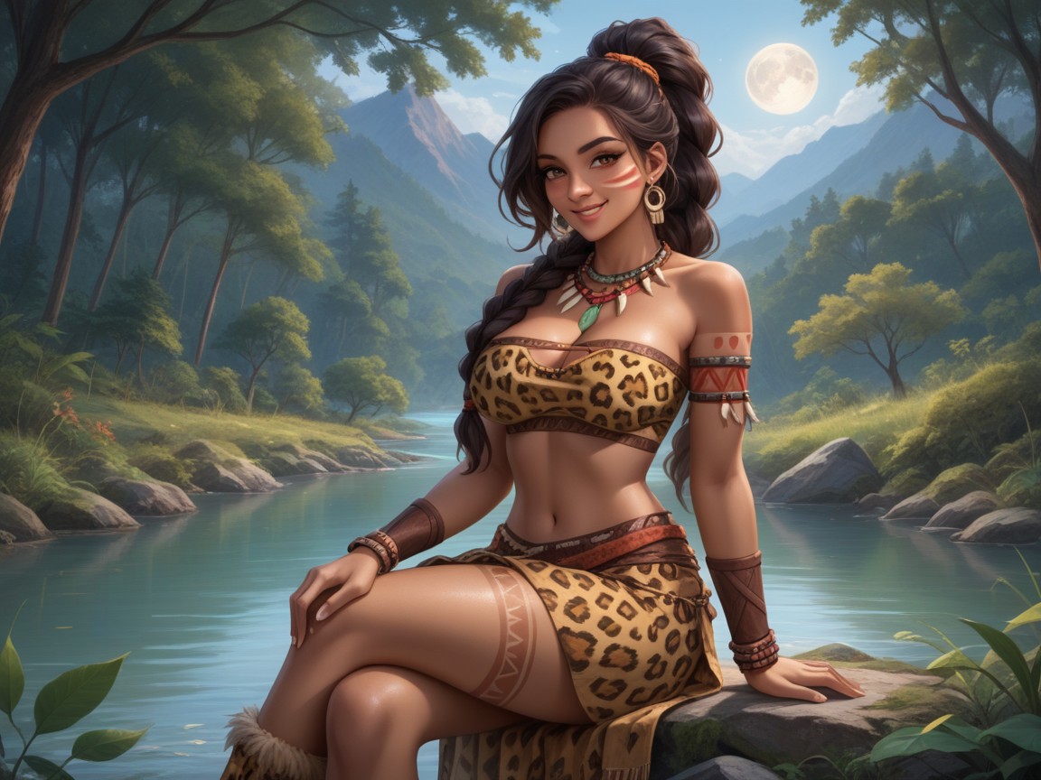 Wearing Leopard Print Tribal Clothes, Leopard Print Tribal Face Paint, Rounded Hips Hentai AI Porn