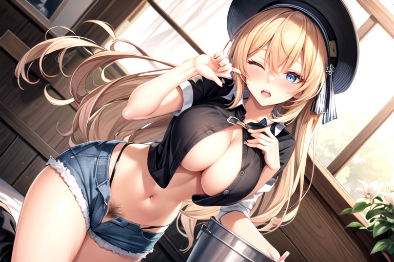 Indoors, Pubic Hair, Tied Shirt Hentai AI Porn