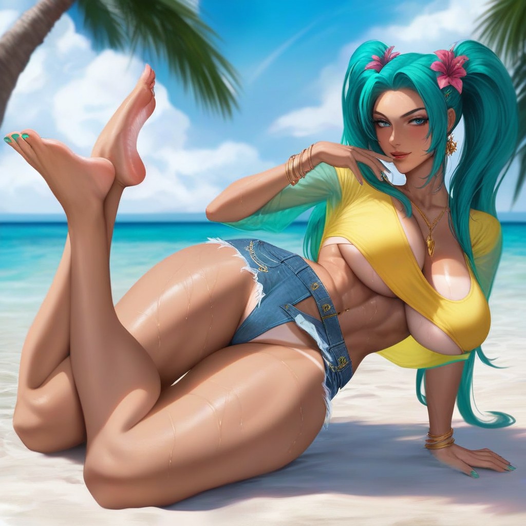 Perfect Anatomy, And Thick, Long Messy Pigtails With Vivid Green Hair Hentai AI Porn