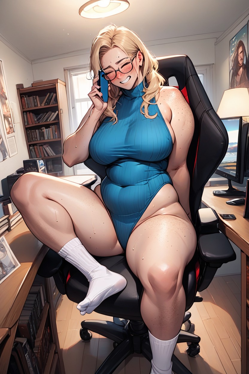 Phone In Hand, Multi Colour Sleeveless Leotard, Night Hentai AI Porn