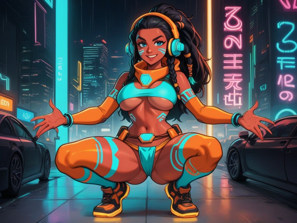 Cyberpunk City, Braided, Orange Form Fitting Hoodie AI Porn