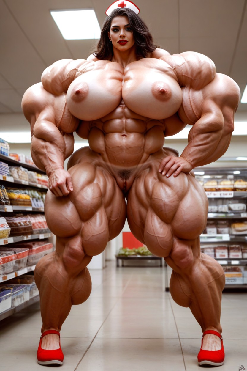 Hyper Huge Thighs, Dominatrix Hyper Gigantic Massive Muscles Nurse Woman, Red Lipstick AI Porn