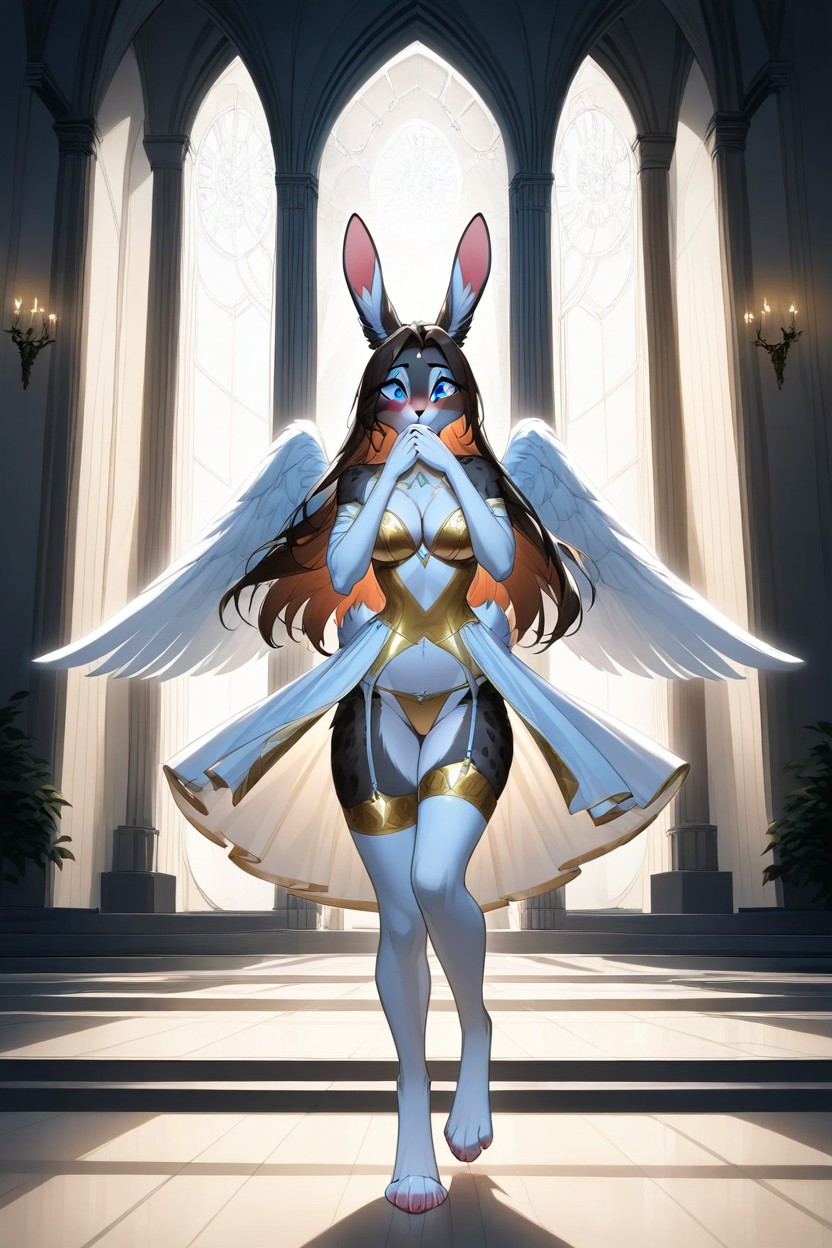 Female, Liguero, Angel Wings And Halo Setting The Exterior Of A Cathedral On A Windy Day Furry IA