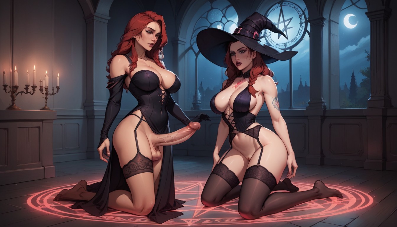 Purple Summoning Circle On The Floor, Natural Medium Ass, Woman Standing AI Porn