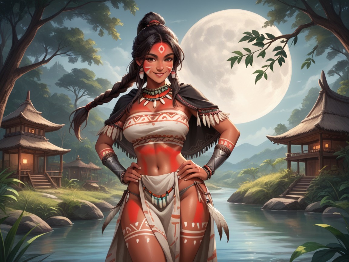 Proud Face, Full Moon, Wearing Silver Tribal Clothes Hentai AI Porn