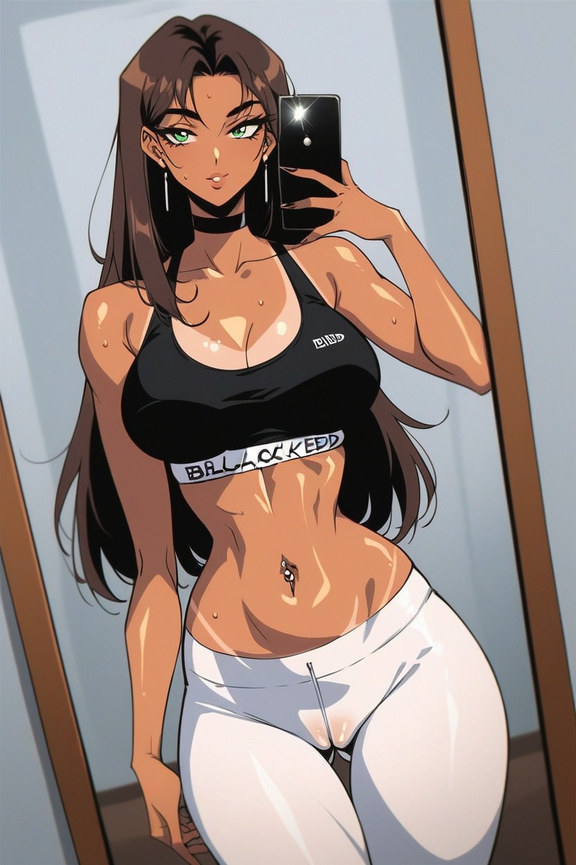 Navel Piercing, Oiled Skin, Green Eyes Hentai AI Porn