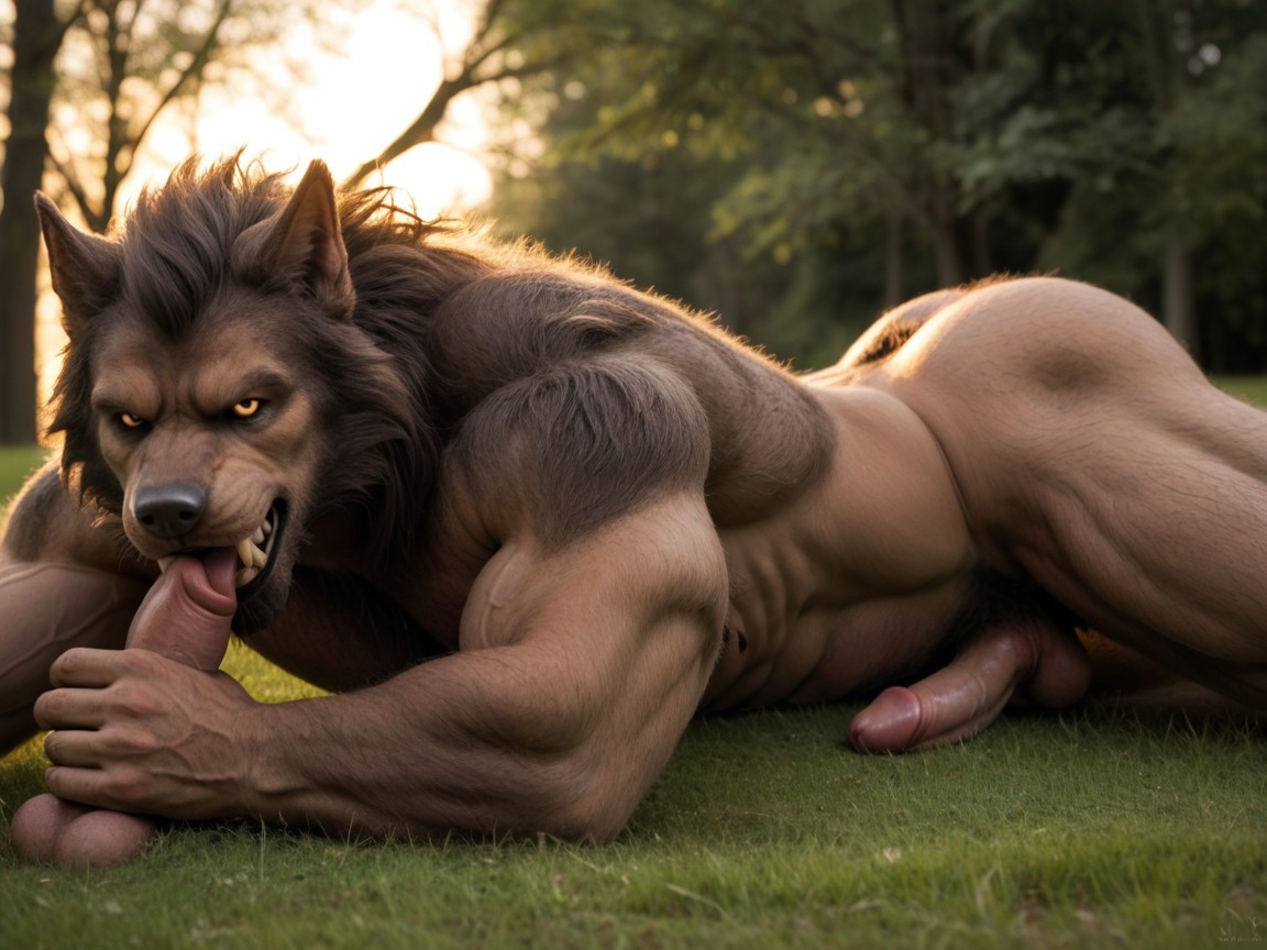 Werewolf Has A Werewolf Knot, Werewolf Body Is Covered With Light Brown Fur, Laying AI Gay Porn