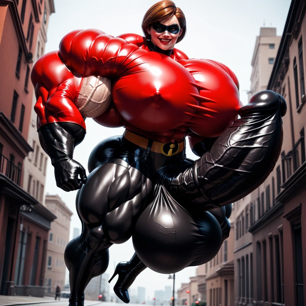 Red Latex Suit, Hyper Massive Muscles, Smug Expression Shemale AI Porn
