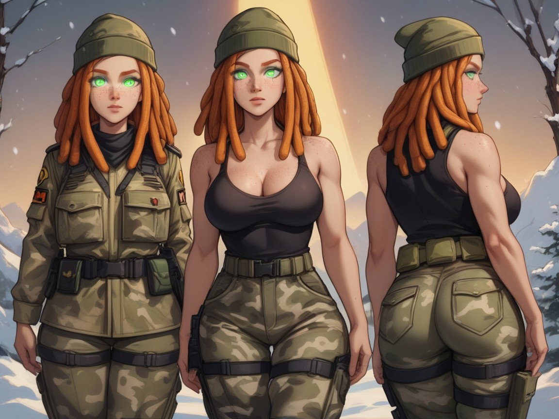 Wide Back, Tan Skin, Long Sleeve Military Top AI Porn