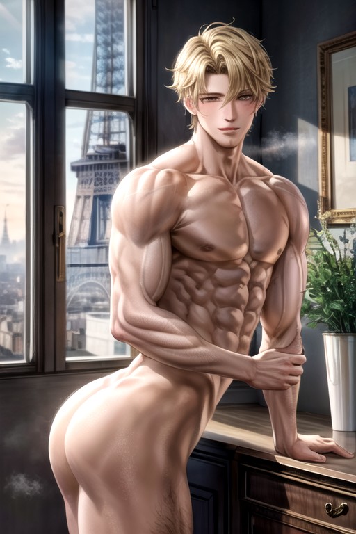 Blond, Cozy Atmosphere, Muscular Masculine Man AI Gay Porn
