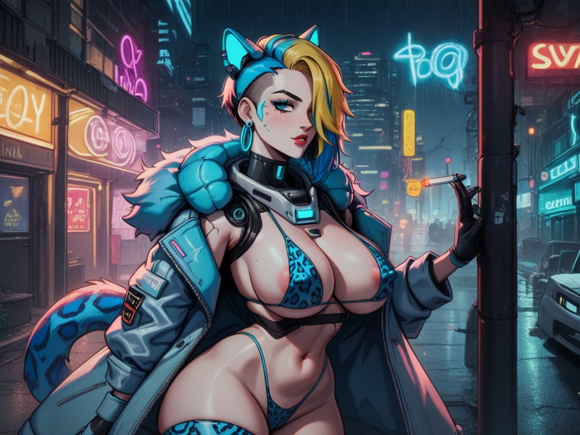 Side View, Hair Covering Eye, Cyberpunk City AI Porn