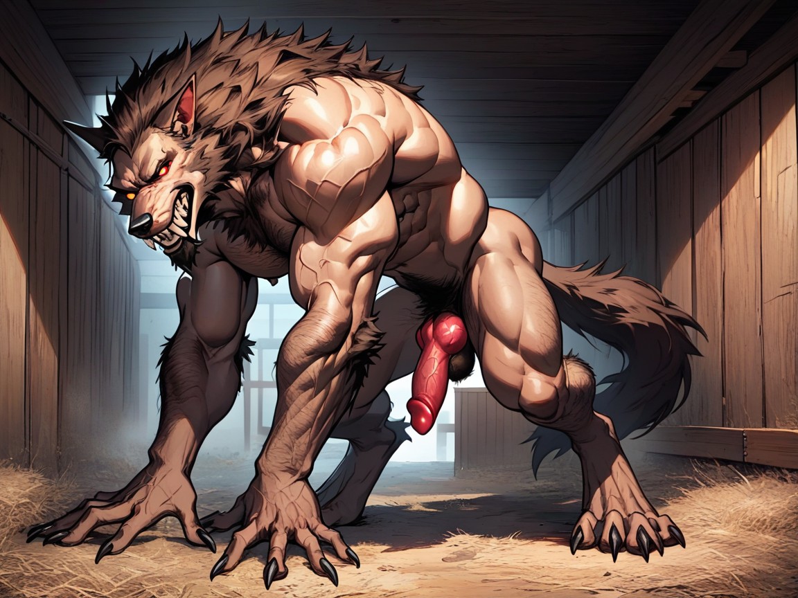 Bending Over, Small, Werewolf Has Massive Bulging Hairy Chest Muscles AI Gay Porn