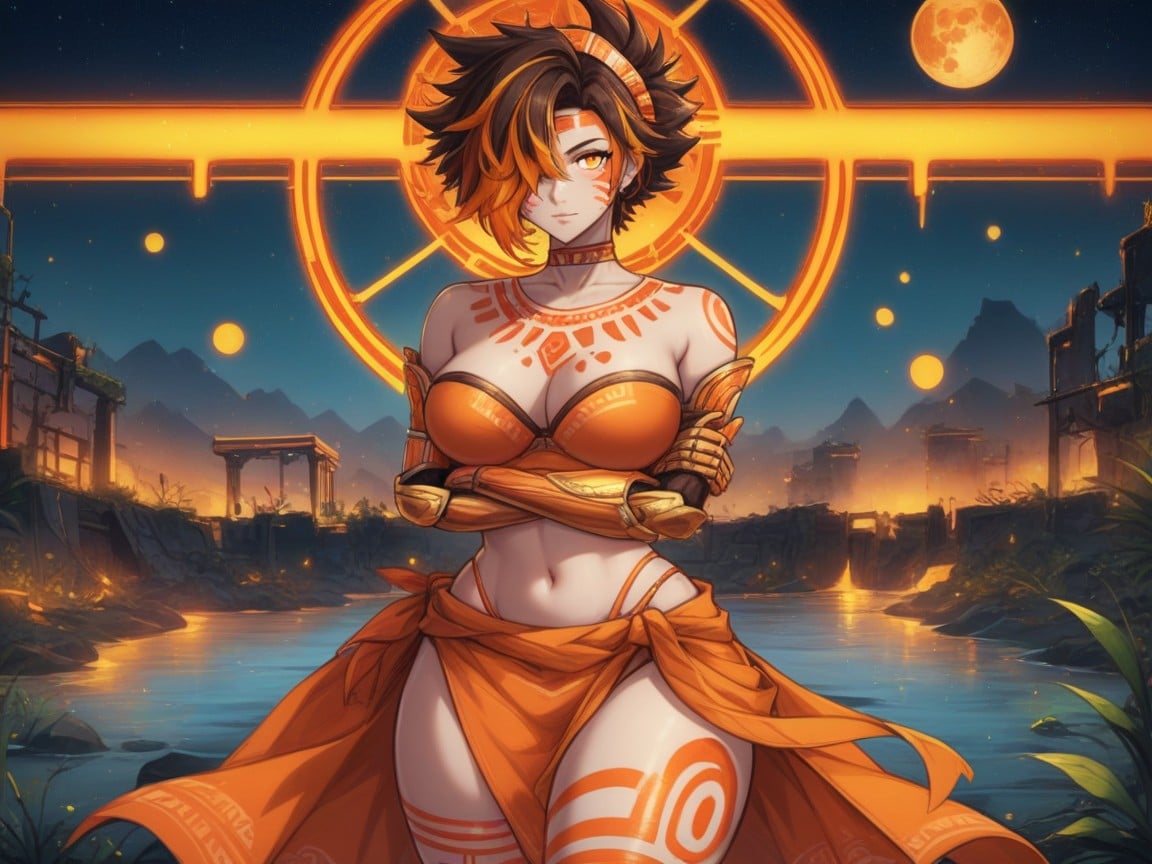 Pale Skin, Rounded Chest, Orange Metallic Gauntlets AI Porn