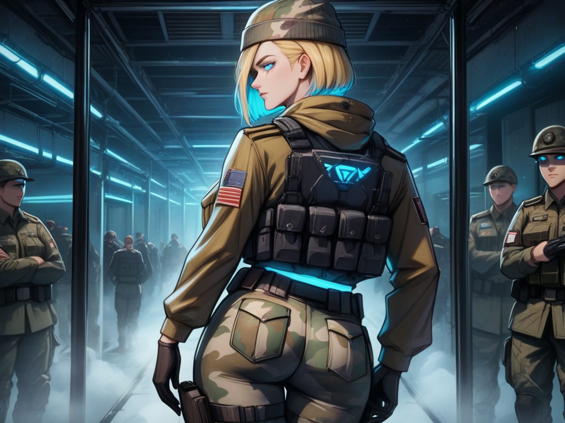 Neon Blue Lights, Rounded Breasts, Bust And Hips Proportionate AI Porn
