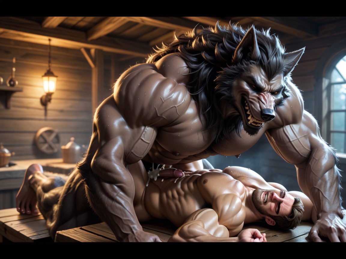Werewolf Knotting Human, Cottage, Creampie AI Gay Porn