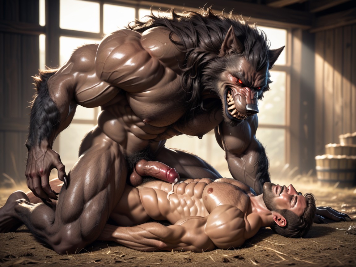 Werewolf Anthropomorphic, Nipples, Human Has A Hand On The Werewolf's Chest AI Gay Porn