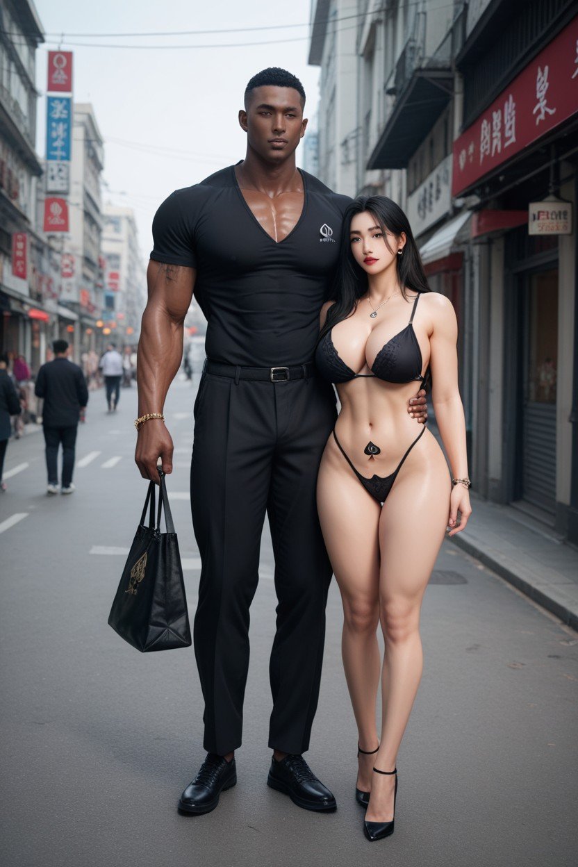 Tall Muscular African Man, Couple, Black Hair Asian AI Porn