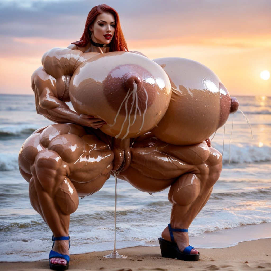 Well Massive Pump Up Gigantic Enormous Saggy Perfect Round Tits Vixen, Extreme Ultra Striated Shapely Full Jacked, Side View Shemale AI Porn