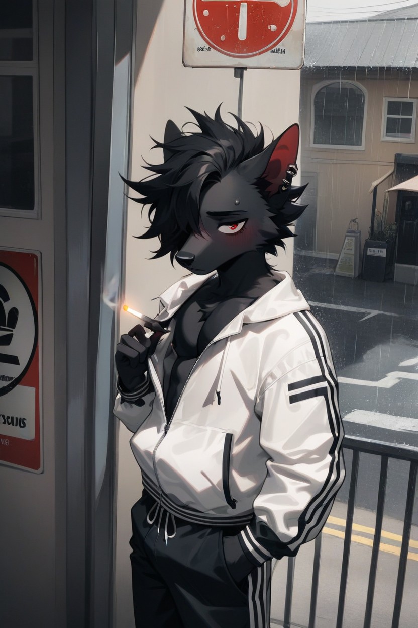 Leaning Back, Ear Piercings, Balcony Furry AI Porn