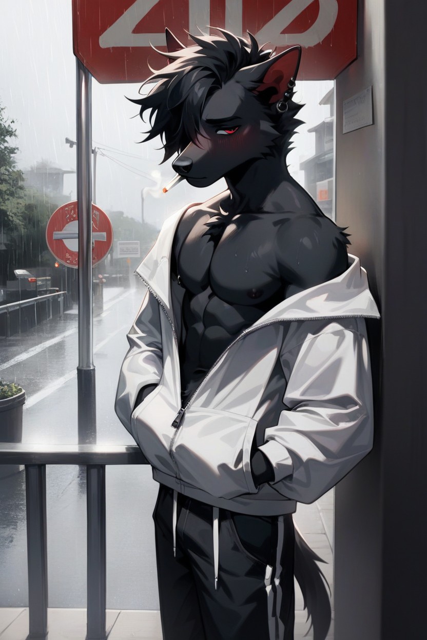 버스 정류장, Unzipped Jacket, Spiky Hair 퍼리 AI 포르노