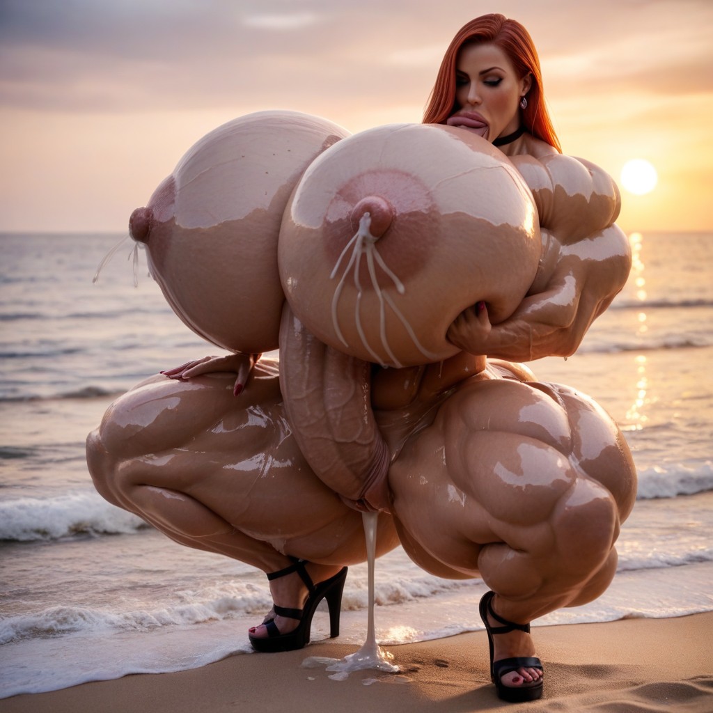 Extreme Ultra Striated Jacked Full Hyper Muscle, Ultra Busty, Sexy Sultry Feminine Face Shemale AI Porn