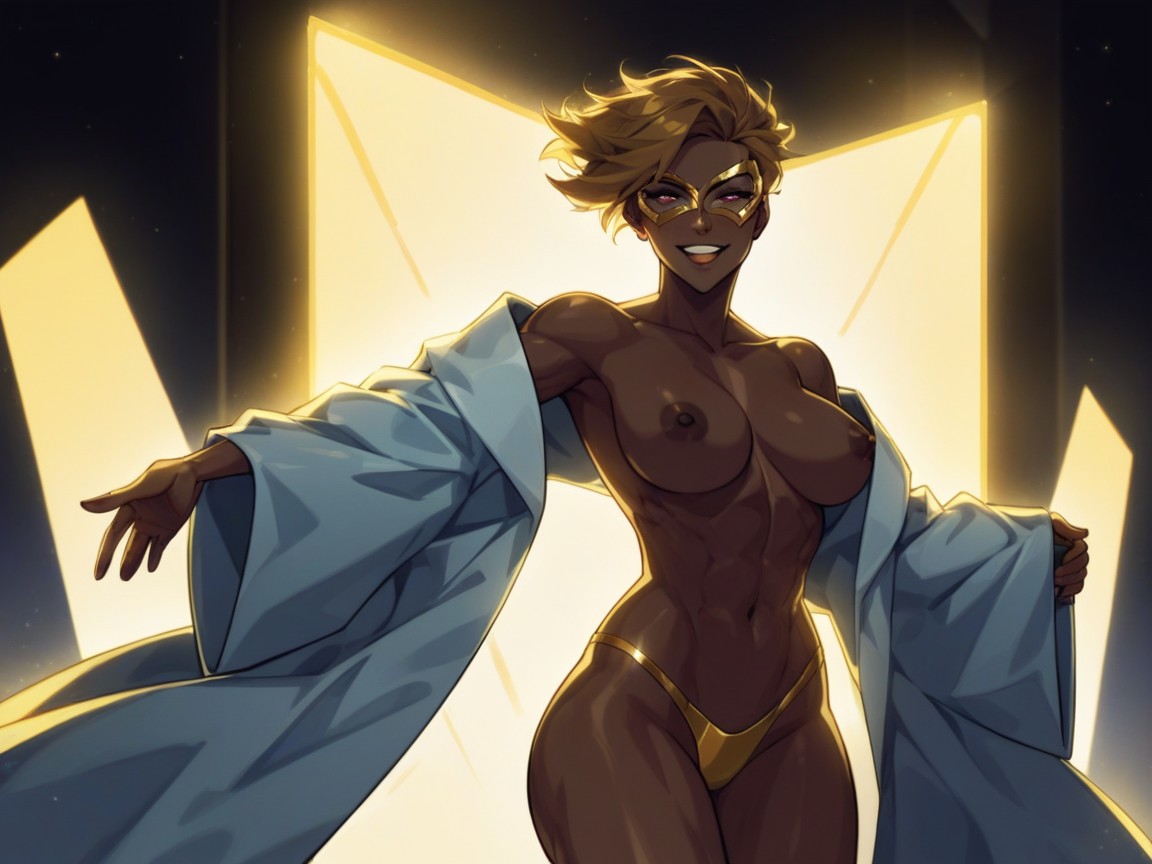 Wide Set Eyes, Nsfw, Gold Neon Static In Background Hentai AI Porn