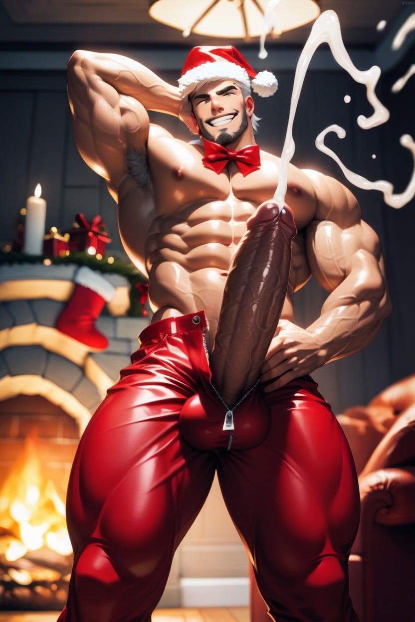 One Hand Masturbating Cock Pose, Wearing Santas Hat, One Arm Behind Head Pose AI Gay Porn