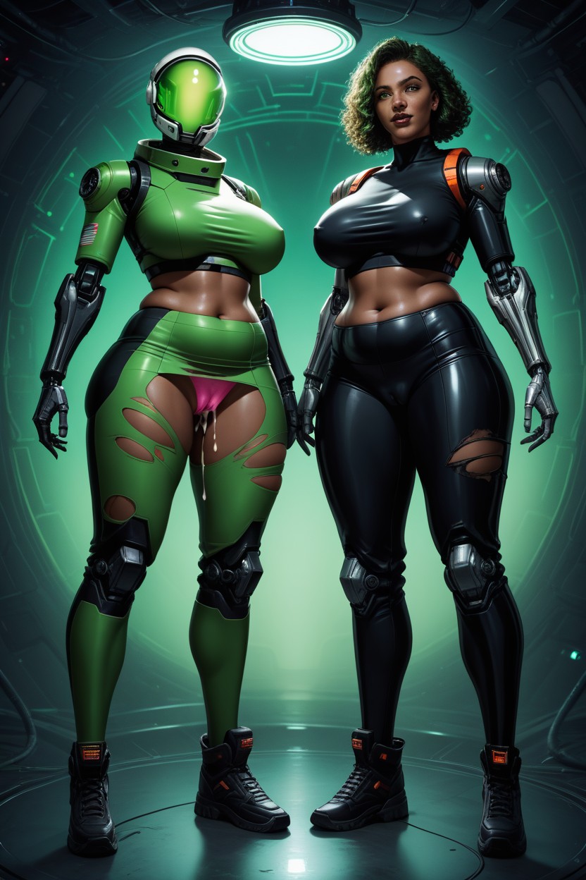 Asymmetrical Breasts, Torn Clothes, Robotic Hands Hentai AI Porn