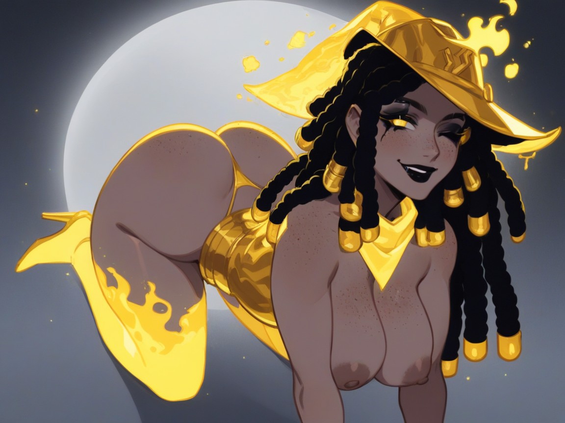Crawling Towards Viewer, Full Midsection, Wearing Gold Ghost Clothes Hentai AI Porn