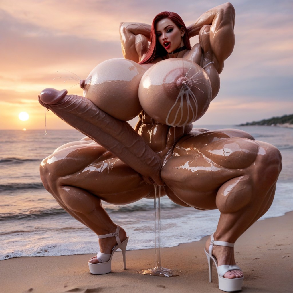 Realistic Beautiful Pretty Eyes Face, Ultra Muscular, Extreme Length Hyper Massive Cock Shemale AI Porn