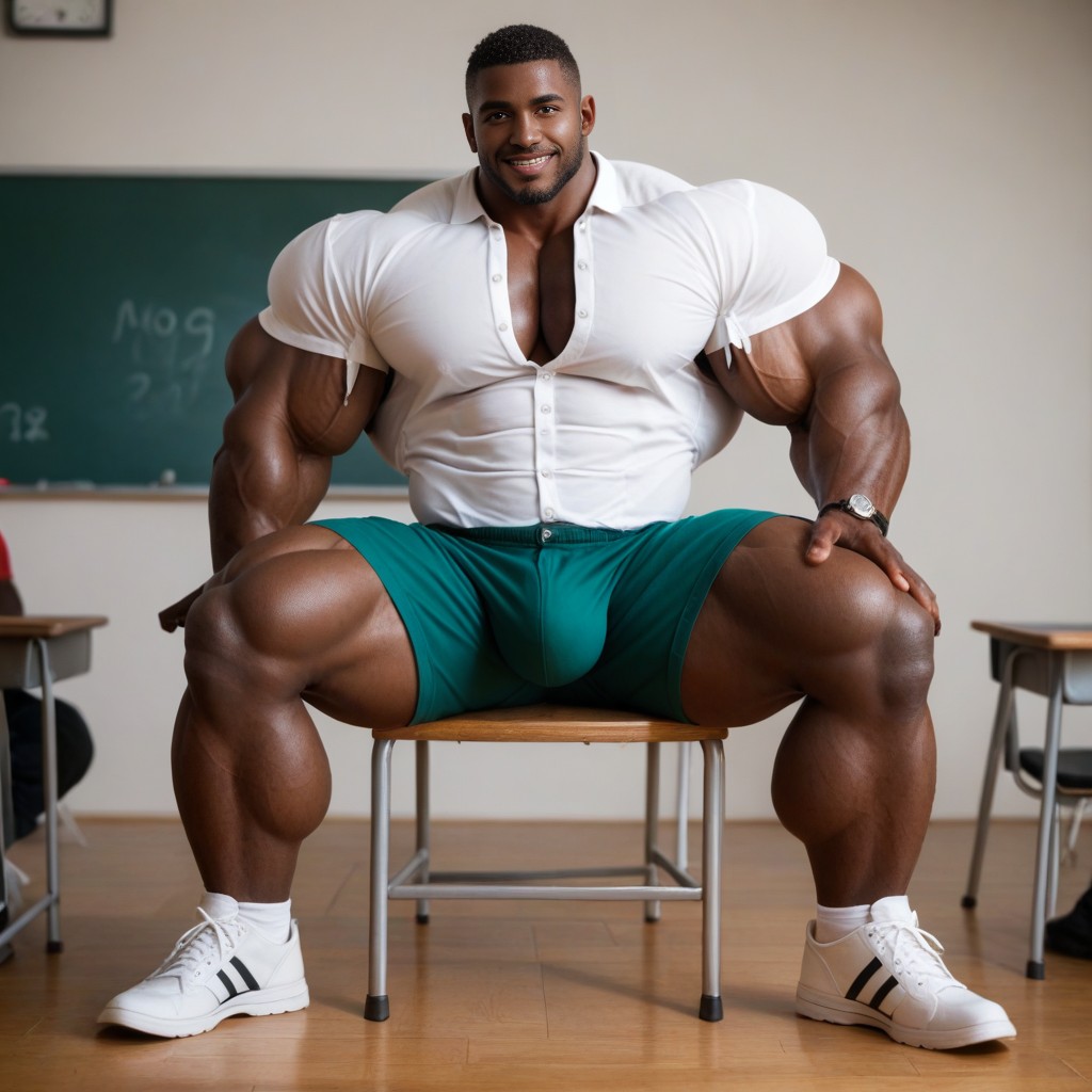 Dark Skin, Massive Pecs, Sitting Down In Classroom AI Gay Porn