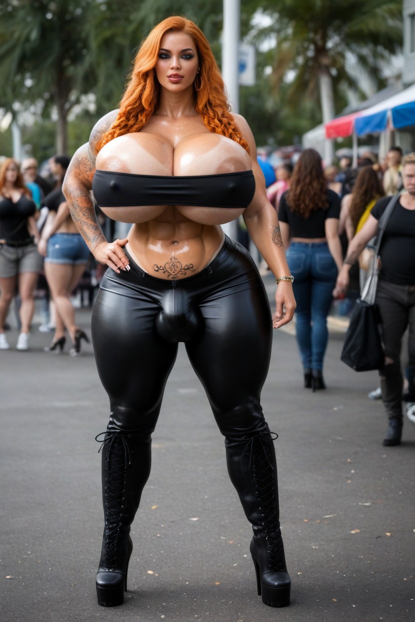 Beautiful Face, Black Strapless Crop Top, Hyper Thick Shemale AI Porn