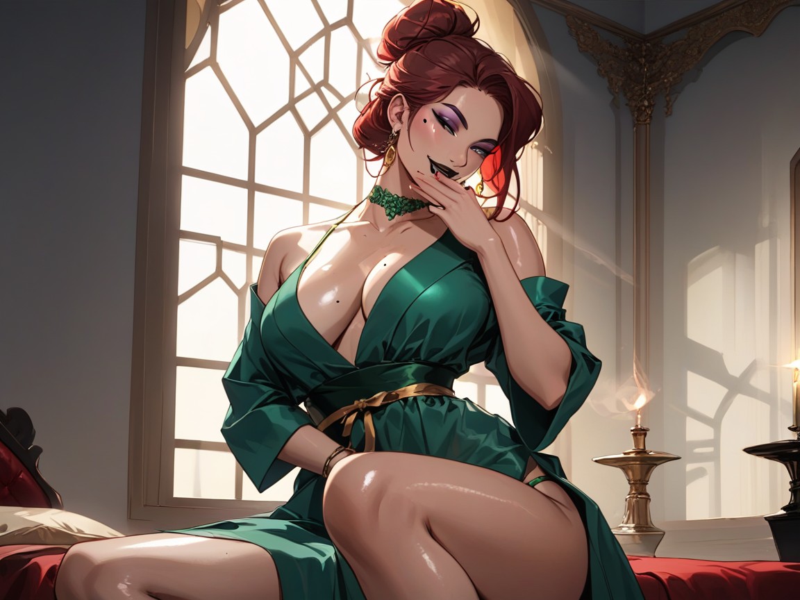 Bikini Tan Lines, Beauty Mark, Green Avocado Print Robe Hentai AI Porn