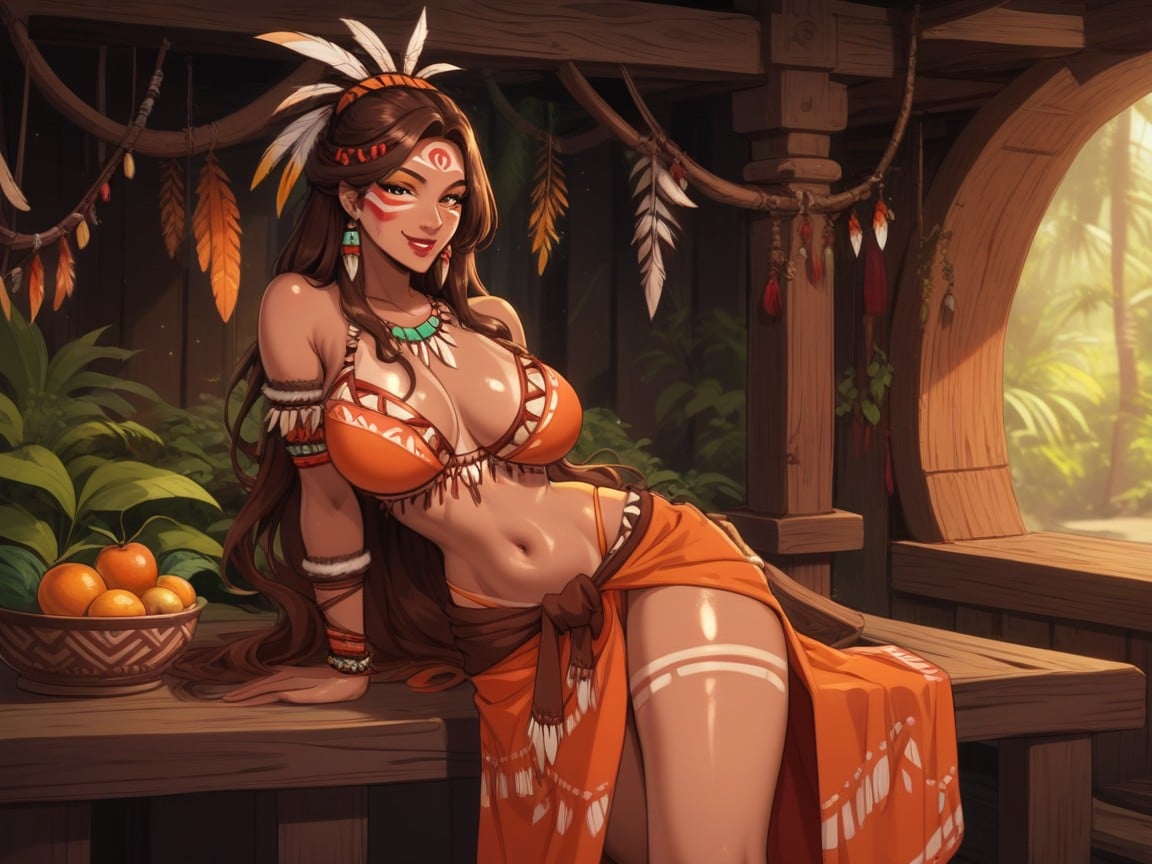 Red Tribal Body Paint, Bird Tribal Headdress, Abdomen AI Porn