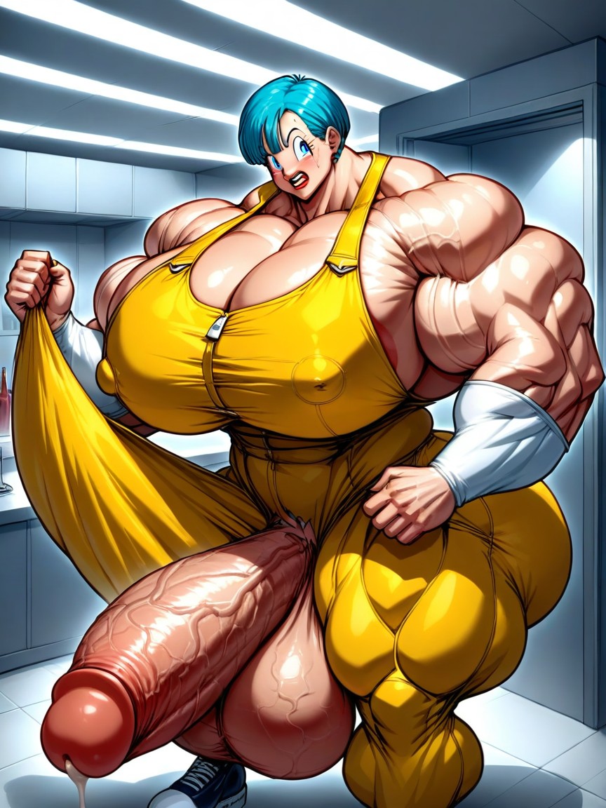Veiny Penis Bulge Under Yellow Coveralls, Red Lipstick, Angry Hentai AI Porn