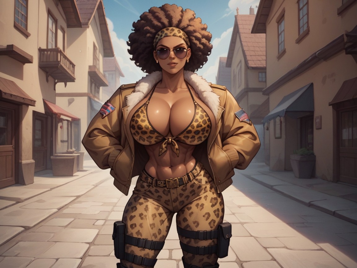 Black Cutoff Tank Top, Leopard Print Fur Trim Jacket, Black Boots Hentai AI Porn
