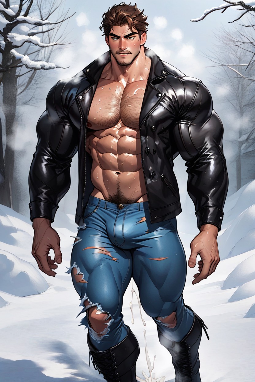Comic, Open Leather Jacket, Strong Jawline AI Gay Porn