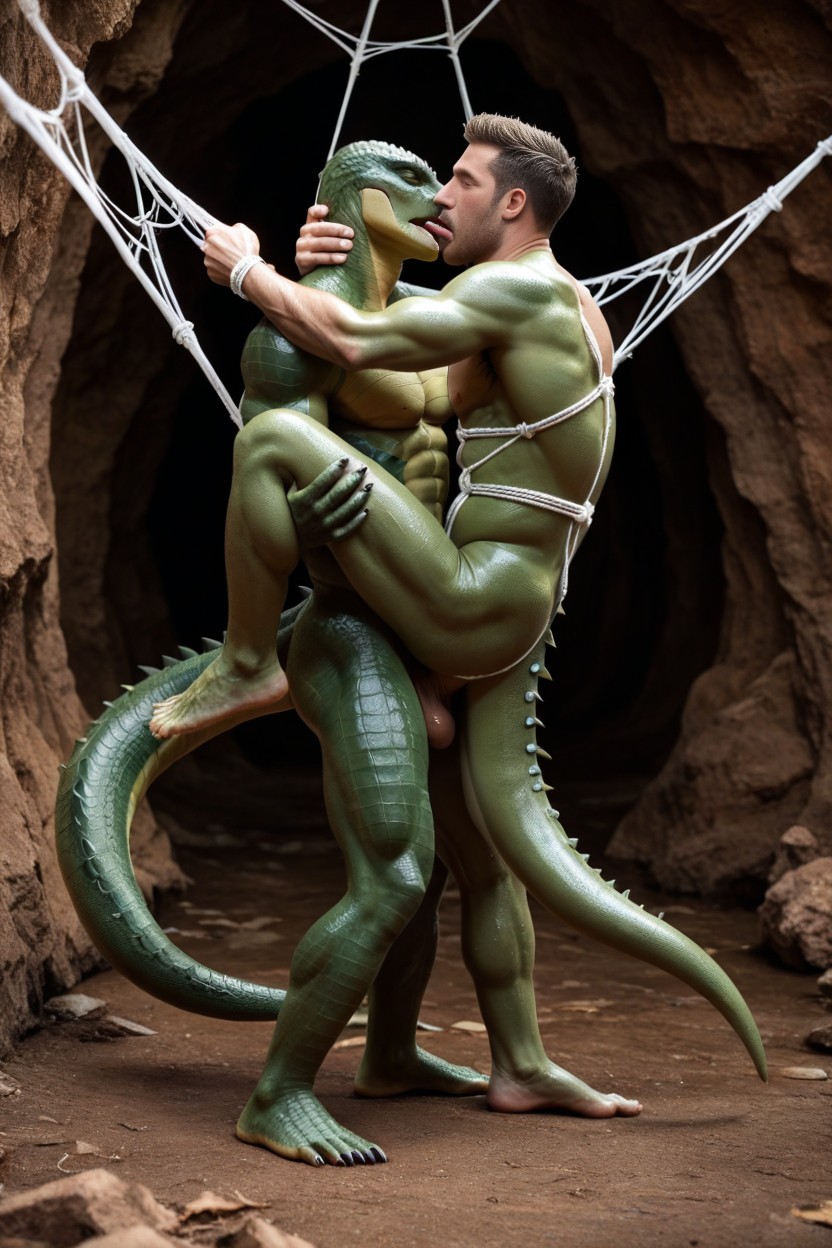 Suspended By A Giant Spider Web, White Rope, Cock Out AI Gay Porn
