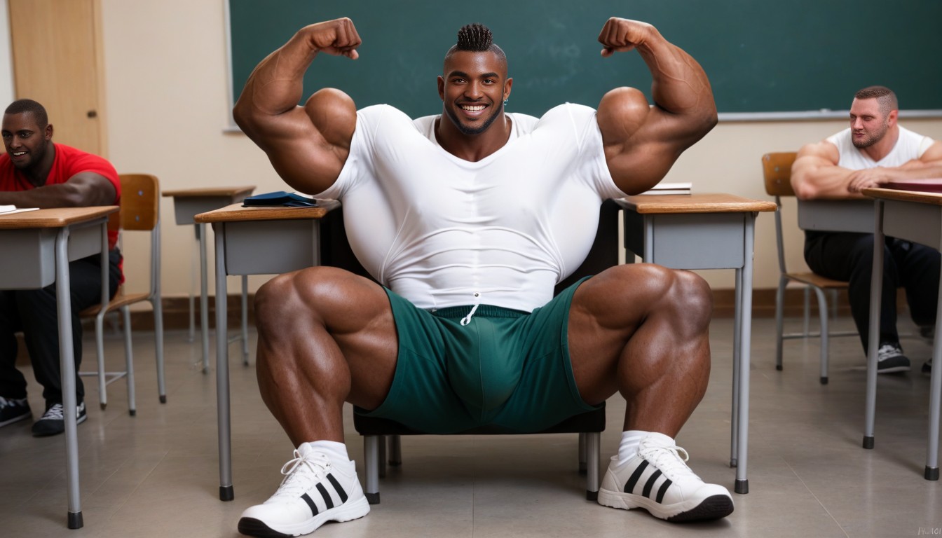 Massive Gigantic Man, Sitting Down In Classroom, Waist Shot AI Gay Porn