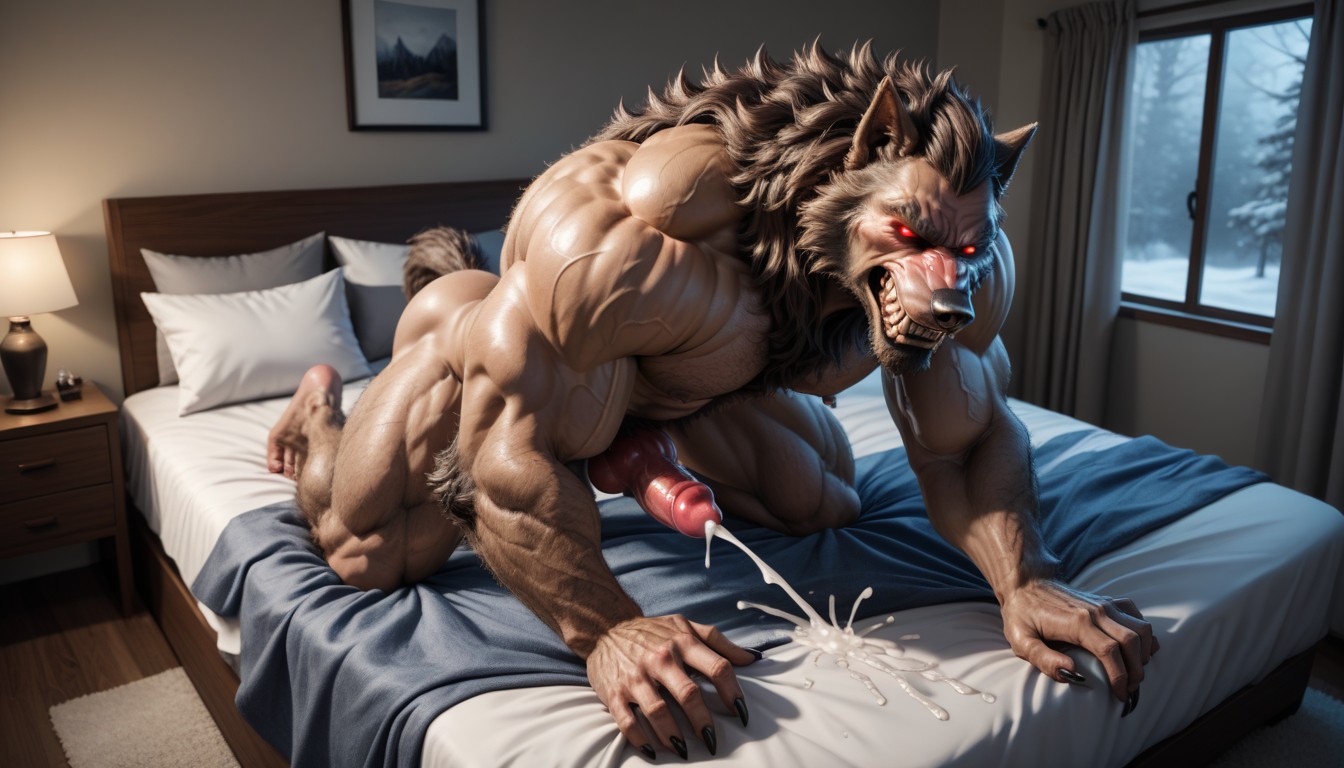 Bending Over, Werewolf Has Strong Hairy Claws For Hands And Large And Paws For Feet, Werewolf Anthropomorphic AI Gay Porn