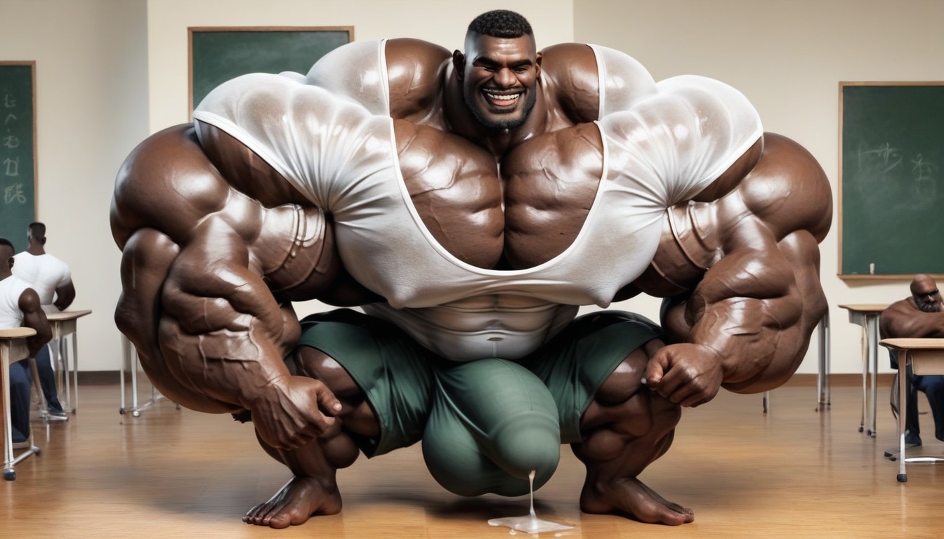 Hyper Bodybuilder, Precum Puddle On The Floor, Floor Is Wet With Precum AI Gay Porn