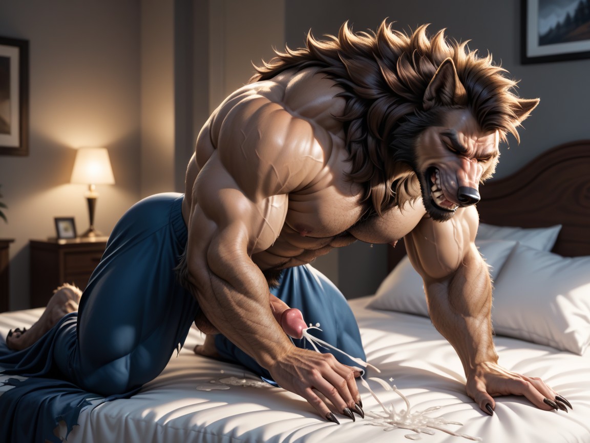 Big Hairy Nutsack, Werewolf Has Strong Hairy Claws For Hands And Large And Paws For Feet, Werewolf Body Is Covered With Light Brown Fur AI Gay Porn