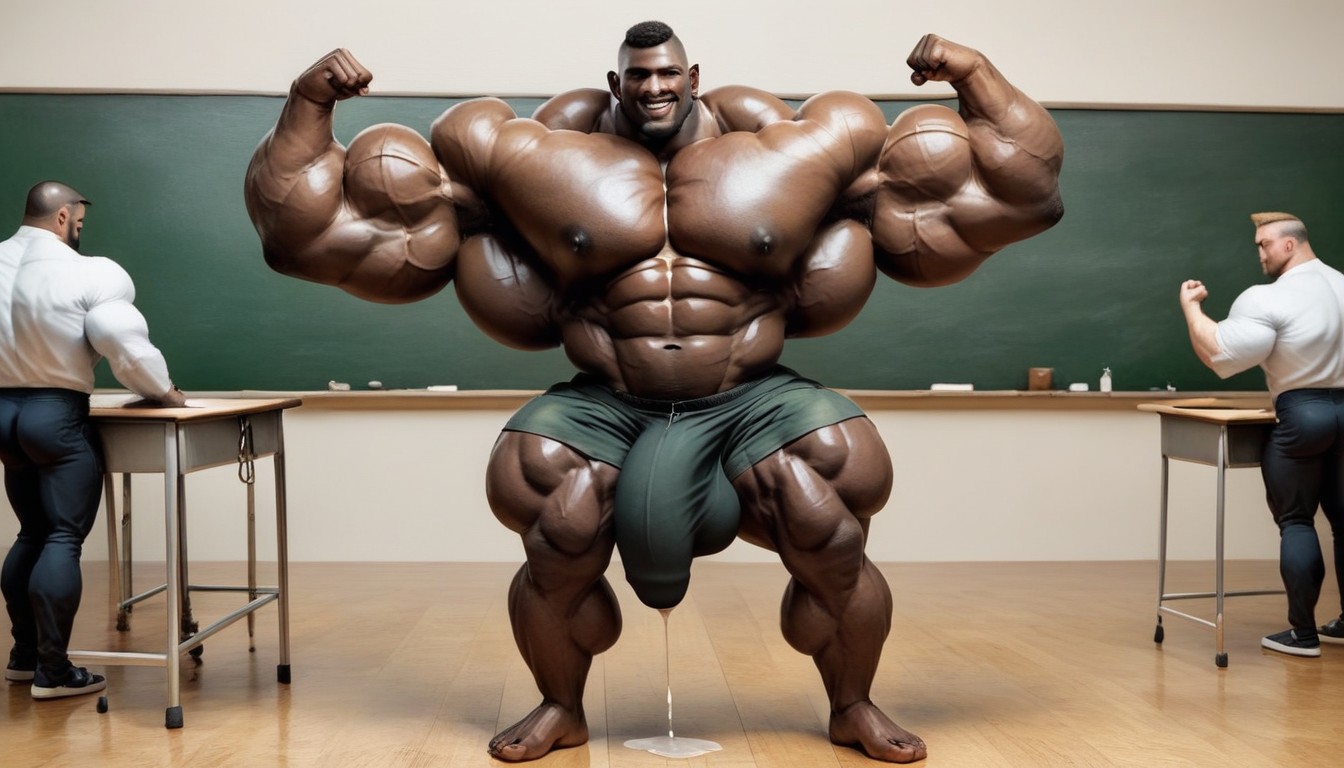 Standing Up In Classroom, Precum Puddle On The Floor, Unrealistically Gigantic Muscular Body AI Gay Porn