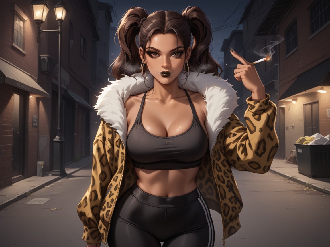 One Fist Up, Black Form Fitting Crop Top, Dark Alleyway Background Hentai AI Porn