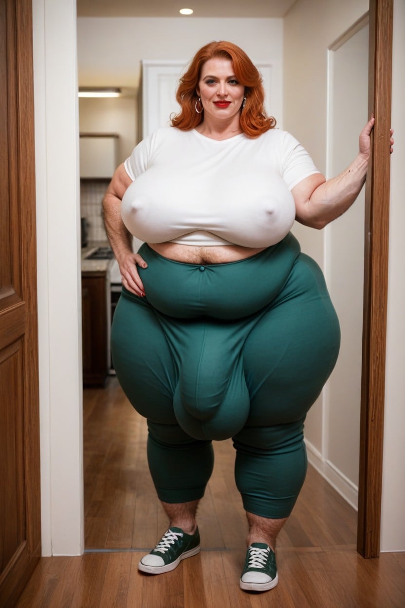 Large Long Bulge Through Clothing, Ginger, Loos Olive Green Pants Shemale AI Porn