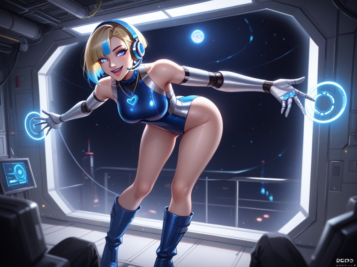 Smiling Mouth Open, Blue Lipstick, Wearing Blue Sci Fi Clothes Hentai AI Porn