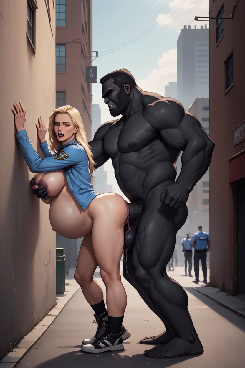 Gorilla Gigantic Balls, Downtown, Many People Around AI Gay Porn
