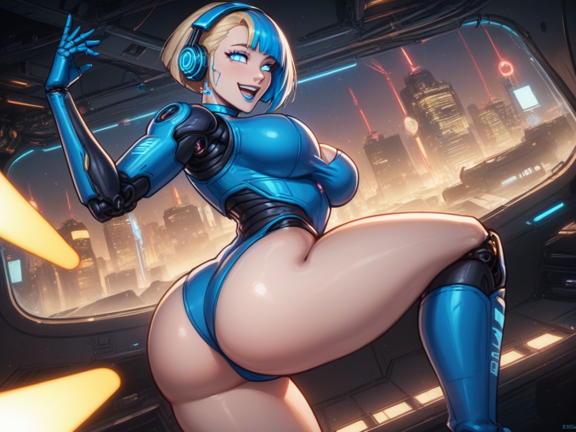 Woman Leaning Forward, Blonde Pixie Hair, Dark Crowded Room AI Porn