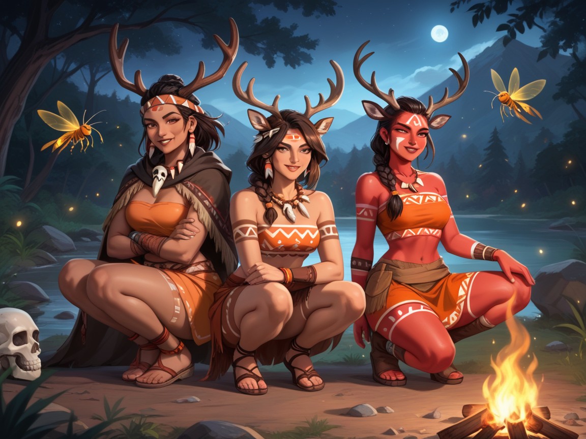 Wearing Orange Tribal Clothes, Breast Width, Brown Lipstick Hentai AI Porn