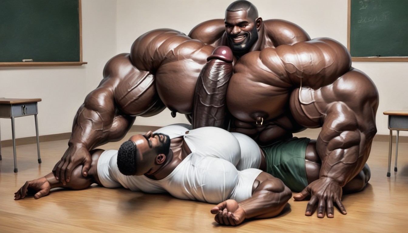 Unrealistically Gigantic Muscular Body, Penis Between Chest, White Shirt AI Gay Porn